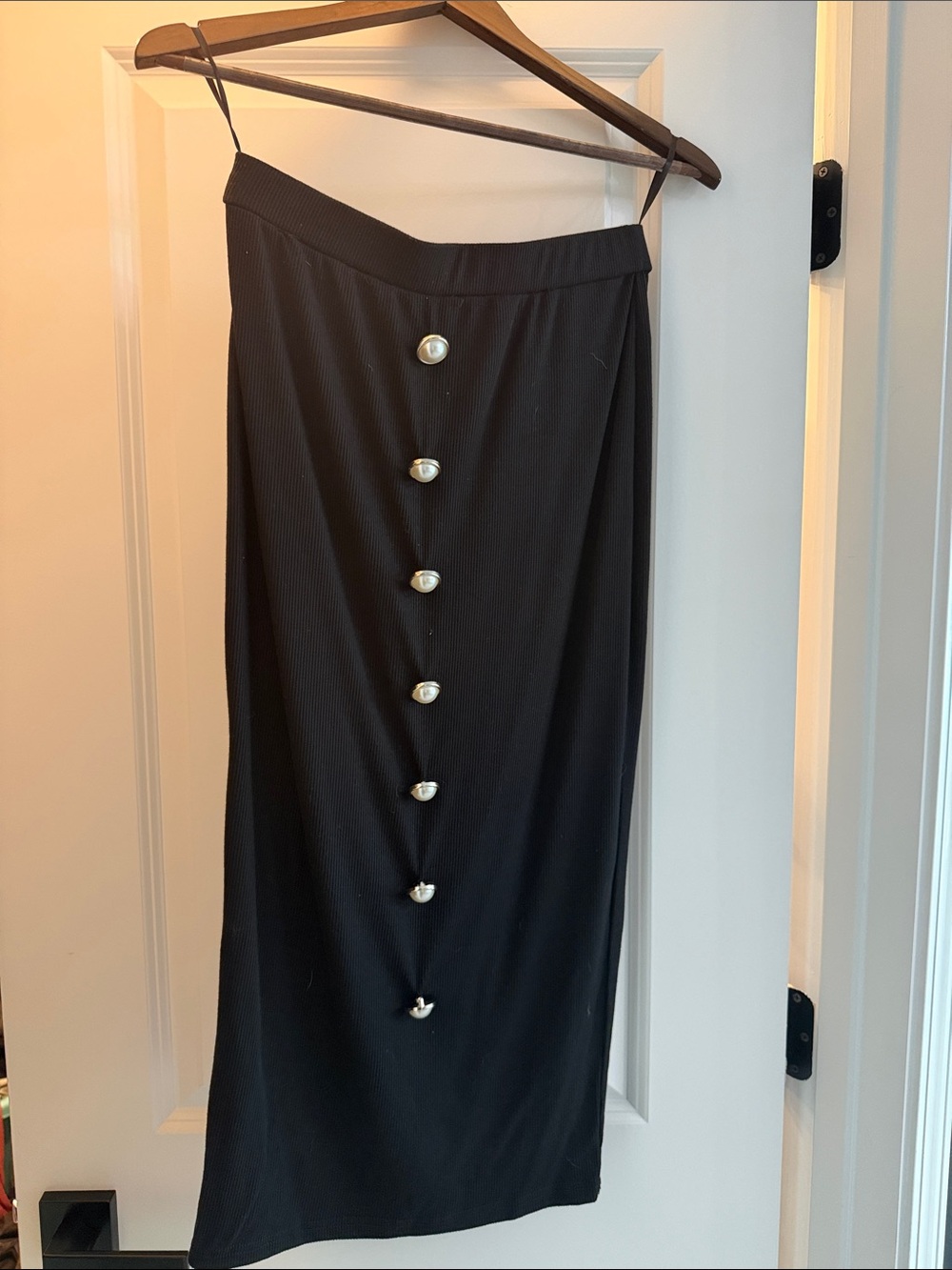 SHEIN Black Ribbed Midi Skirt with Pearl Buttons